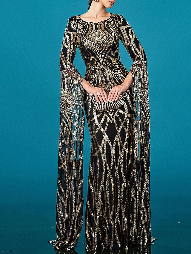  Robe de soirée en forme de sirène/trumpet élégante mariage longue à partir du sol à manches longues col rond en satin sequins avec fente