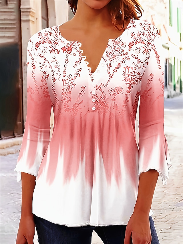  Damebluse V-hals Ombre Grafisk Elegant 3/4-langermet Rund hals Vanlige topper Daglig Gå ut Volanger Knapper Svart Hvit Rosa Vår Høst