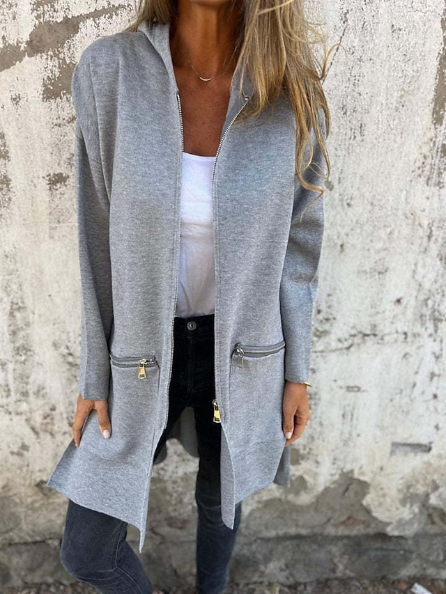 Women's Casual Jacket Hoodie Jacket Breathable Comfortable Zipper Pocket Casual Plain Vacation Street Daily Wear Going out Zipper Regular Hooded Regular Fit Long Sleeve Outerwear Black Red Blue