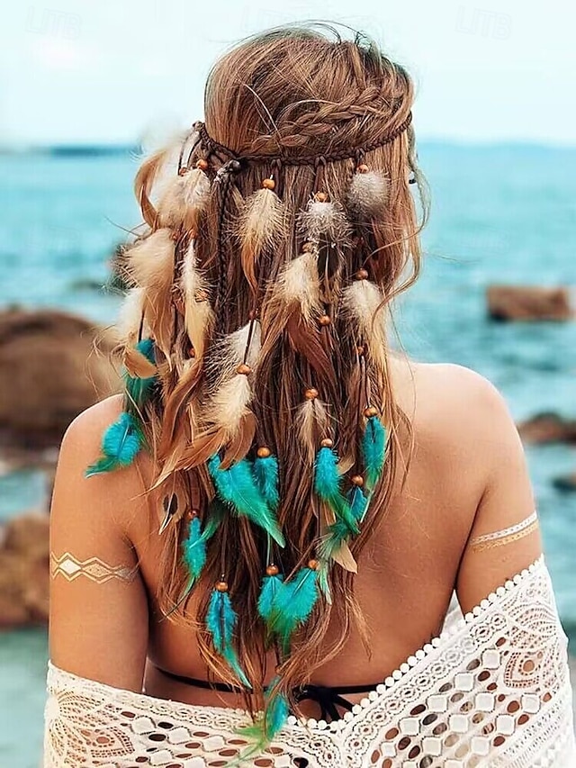  Damboho fjäderhårband – justerbar festivalhuvudbonad med naturliga fjädrar och pärlor för strand, fester och bohemiska outfits