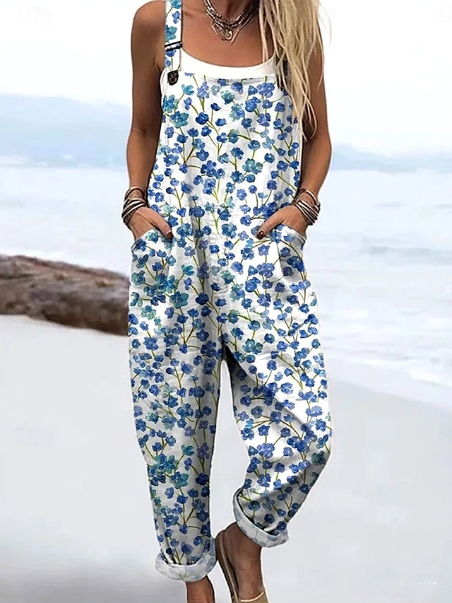  Femmes Combinaison Actif Fleuri Sans manches Cordon de serrage Vacances Rue Coupe Ample Bleu Poudré Violet Bleu clair Été