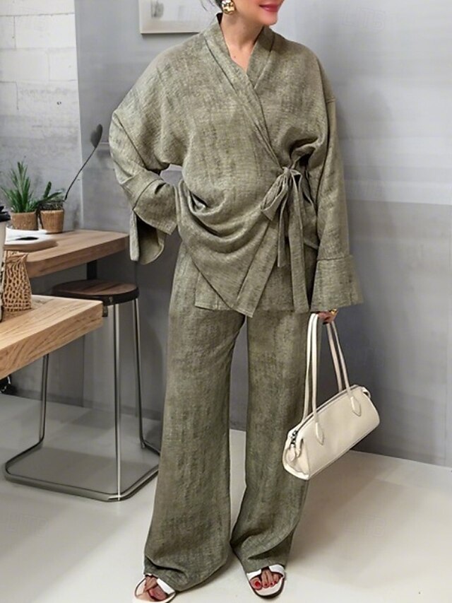 Women's Active Blouse Pants Sets Long Sleeve V Neck Plain Lace up Daily Holiday Going out Green Beige Fall Regular Fit4