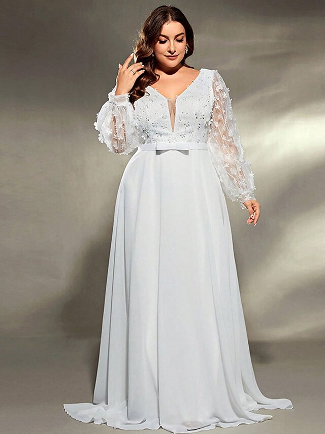  A-Linien-Abendkleid Elegantes Kleid Formelle Hochzeit Schleppe Bürstenbahn Langarm V-Ausschnitt Chiffon mit Falten