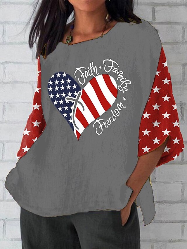  Kvinders patriotiske blouse grafisk flag bohemia vintage tropisk 3/4 længde ærmer crew neck regulære toppe daglig ferie ferietøj print sort rød grå sommer forår