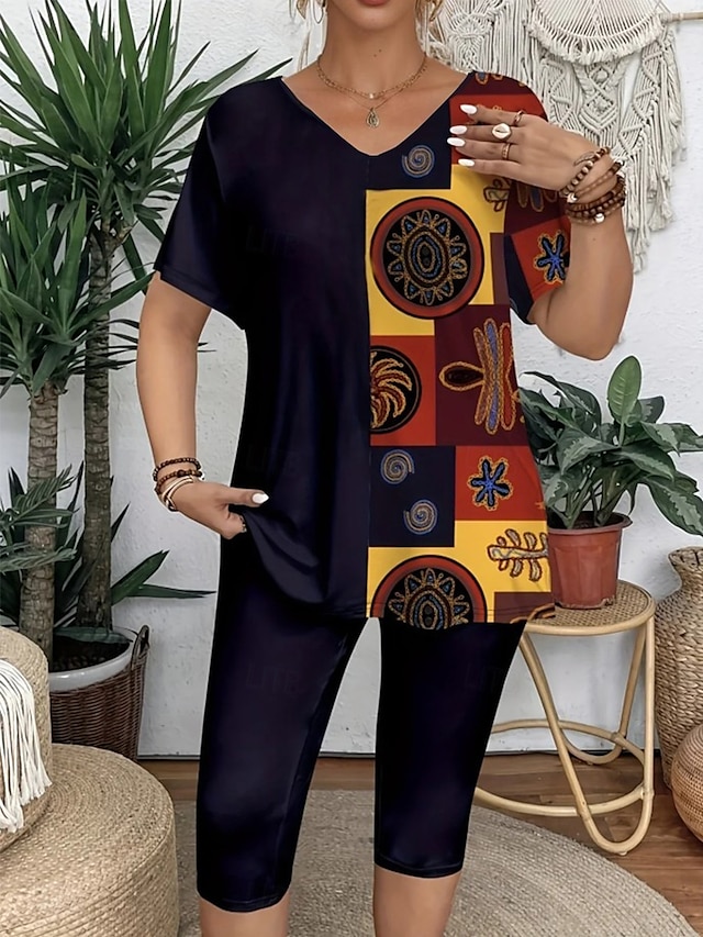  Femmes Mode T-shirt Ensembles de Shorts Manche Courte Col en V Fleuri Graphique Léopard Imprimé Décontracté Quotidien Noir Dorée Vert Été Coupe régulière