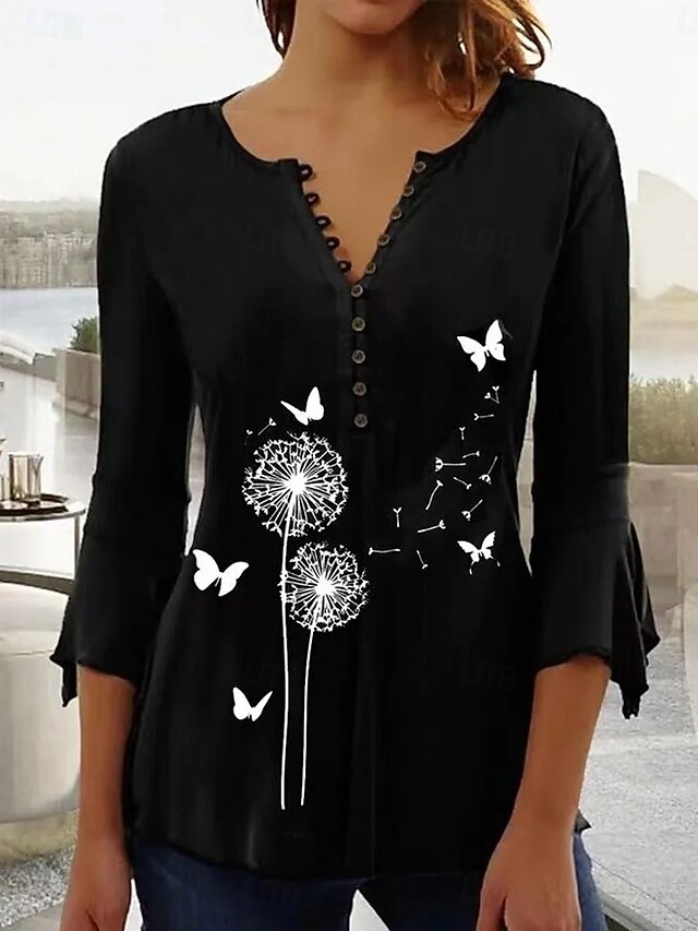 Women's Tunic Ombre Graphic Abstract Elegant Vintage Stylish 3/4 Length Sleeve V Neck Regular Tops Daily Going out Buttons Black Blue Spring Fall3