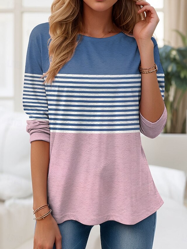 Women's T shirt Crew Neck Long Sleeve Tunic Graphic Geometric Striped Vintage Stylish Classic  Regular Tops Daily Print Pink Fall4