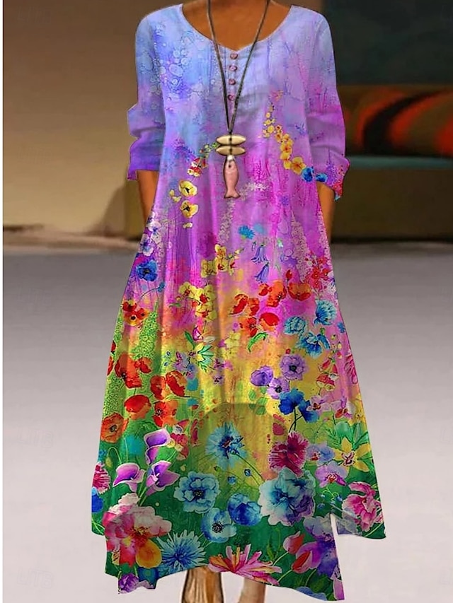  Femmes Robe maxi Robe trapèze Vacances Occasionnel Extérieur Sortir Coupe Ample Fleuri manche longue Col en V Violet foncé Bleu Violet Abricot Automne
