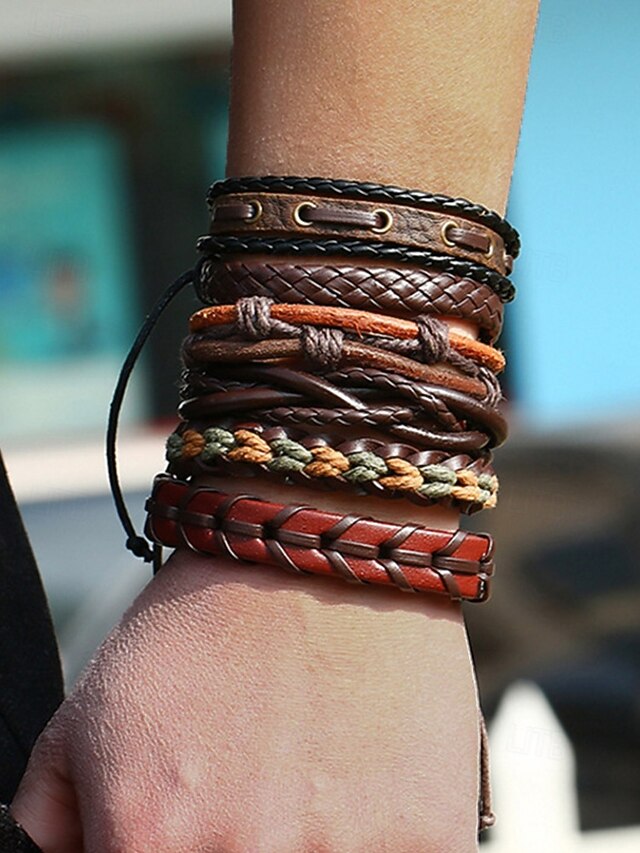  flerlags læderarmbåndssæt til mænd – boho-vævede tribale manchetarmbånd med justerbar pasform til afslappede outfits og musikfestivaler