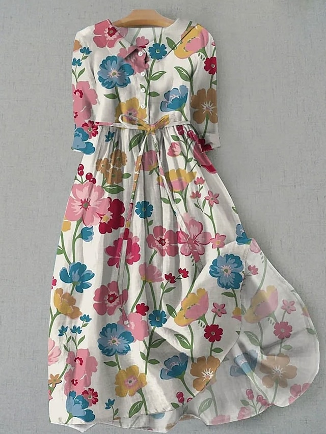  Per donna Abito Midi Abito a Tubino Casual Quotidiano Vestibilità regolare Floreale Grafico Mezza Manica Colletto a Camicia Rosa Blu Verde Albicocca Estate Primavera