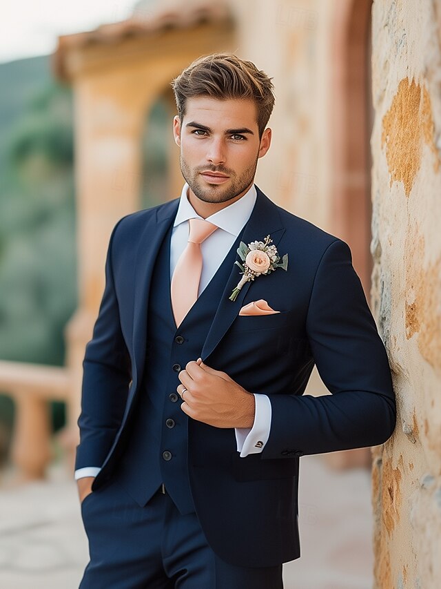 Navy Men's Business / Ceremony / Wedding Homecoming Suits Solid Colored Standard Fit