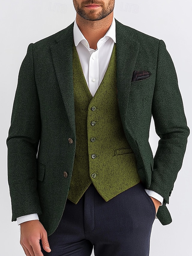  heren tweed blazer wol visgraat blazer bruin groen grijs retro kantoor standaard pasvorm enkelrijs twee knopen