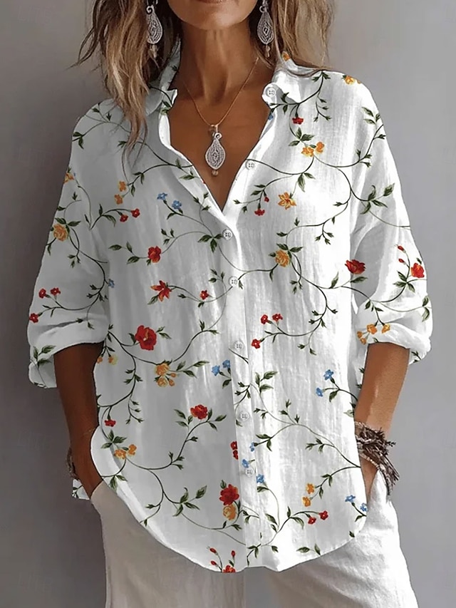  Pentru femei Cămașă Floral Grafic Frunze Zilnic Stilat Casual Manșon Lung Guler Cămașă Topuri obișnuite Zilnic Concediu Nasturi Imprimeu Alb Albastru piscină Trifoi Vară Primăvară
