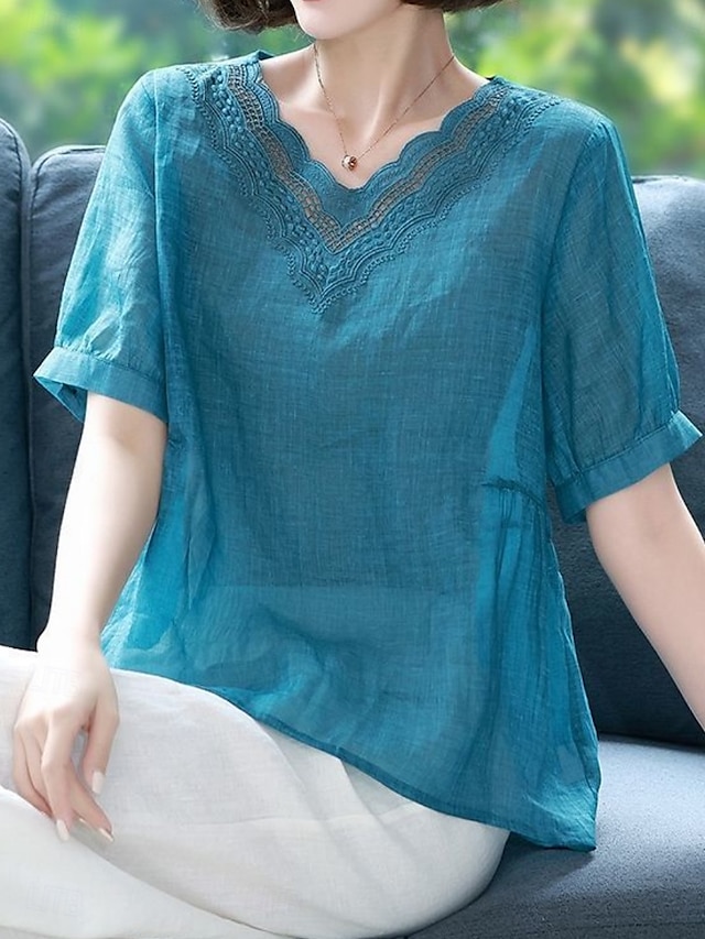  Women's Cotton Linen Shirts Solid Color Elegant Stylish Basic Short Sleeve V Neck Regular Tops Daily Embroidered Blue Summer Spring
