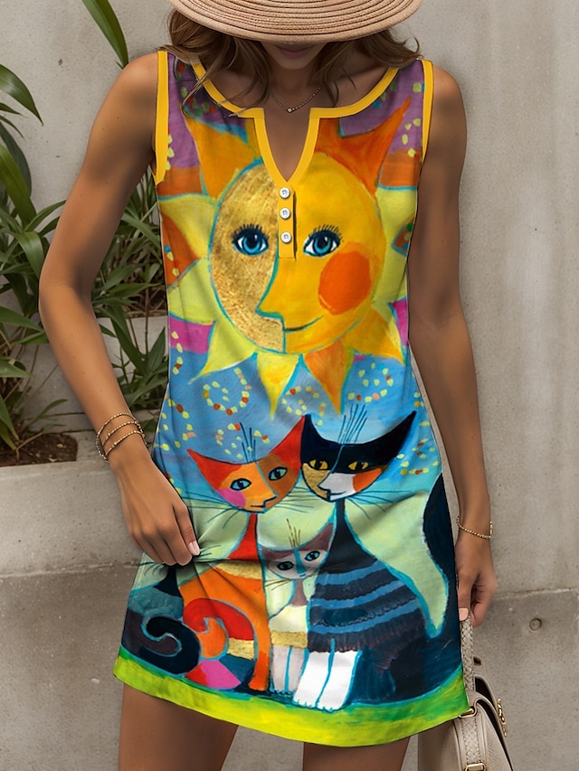  Damen Minikleid Sommerkleid Shiftkleid Schulterfreies Kleid Urlaub Lässig Outdoor Ausgehen Normale Passform Grafik Tiermotiv Katze Ärmellos V Ausschnitt Gelb Rote Blau Purpur Sommer Frühling