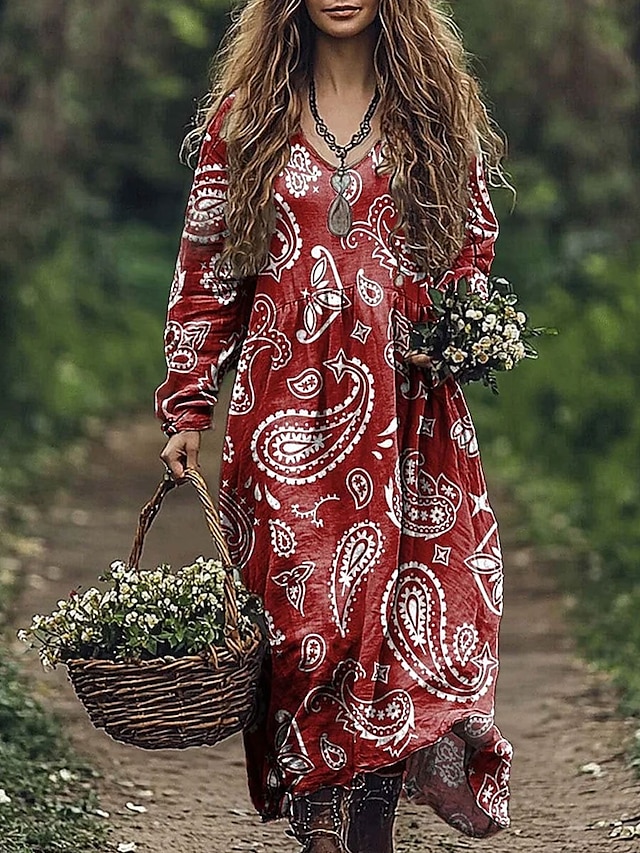  Femmes Robe maxi Robe trapèze Vacances Occasionnel Boho Sortir Plage Coupe Ample Fleuri Graphique Paisley manche longue Col en V Rouge Bleu Vert Gris Été Printemps