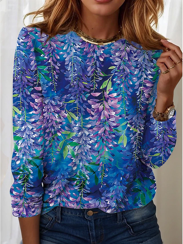 Women's T shirt Long Sleeve Crew Neck Long Sleeve Tunic Ombre Plants Casual Round Neck Regular Tops Daily Print Pink Blue Sky Blue Dusty Blue Light Blue Spring Fall Prefall 10