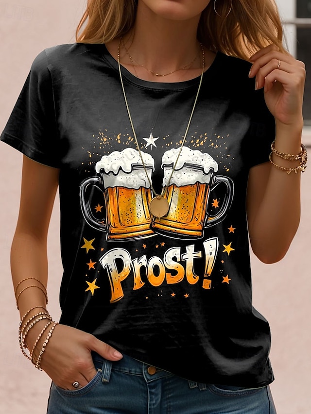  Fête d'Octobre Femmes T-shirt Graphique Lettre ancien Élégant Classique Manche Courte Col ras du cou Hauts Réguliers Quotidien Week-end Imprimé Noir Bleu Violet Vert Été Printemps