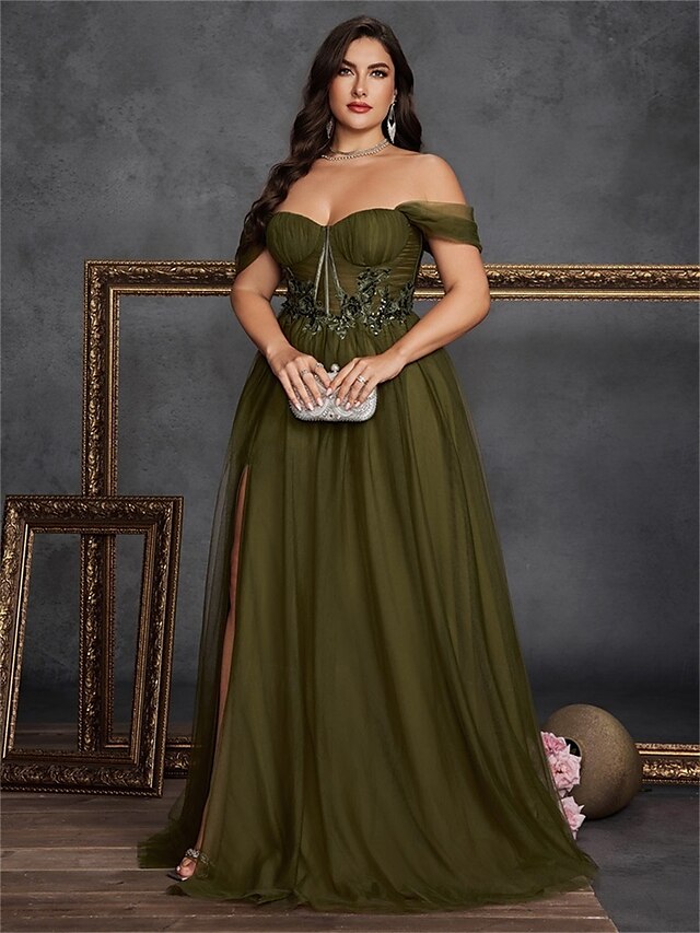  A-Line Plus Size Dresses Elegant Curve Dress Formal Wedding Floor Length Sleeveless Off Shoulder Chiffon Backless with Slit