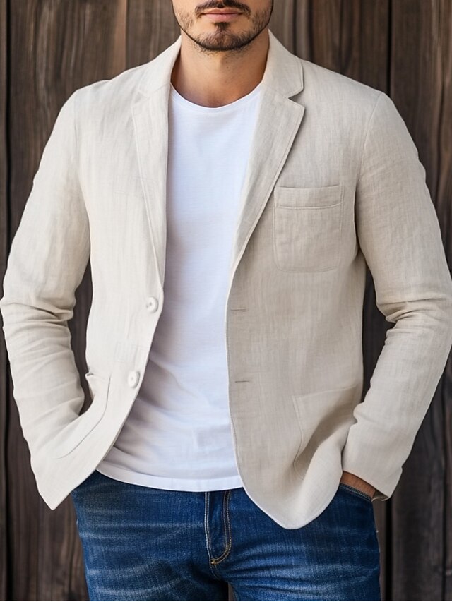 Men Linen Blazer Sport Coat Vacation Casual Fashion Daily Spring & Summer Linen Cotton And Linen Solid Color Comfy Single Breasted Two-button Blazer Beige4