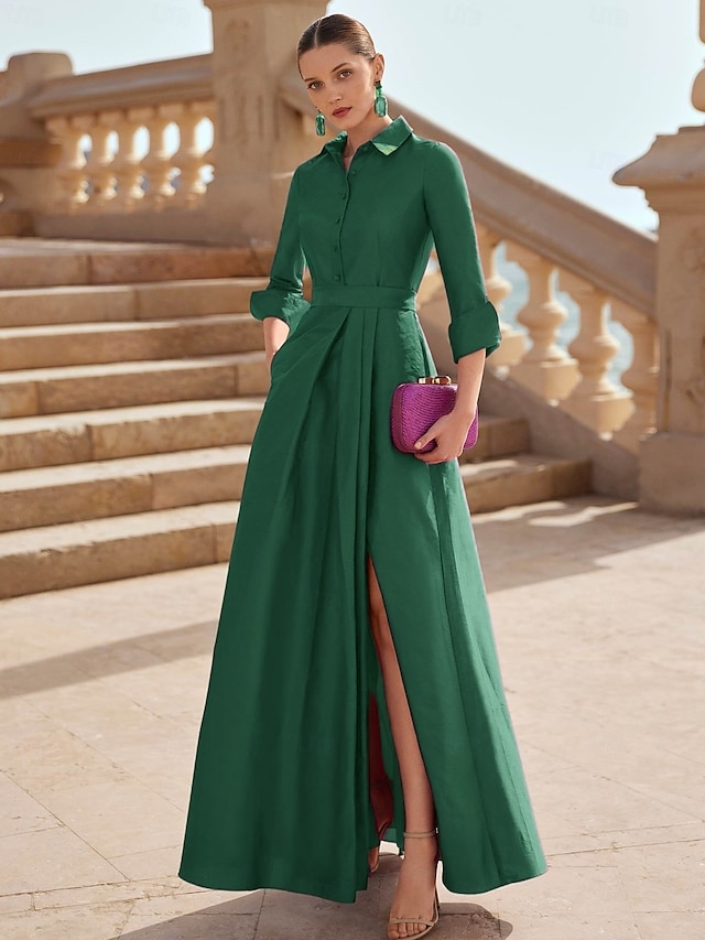  Rochie de seară elegantă, linie A, rochie formală pentru invitați la nuntă, lungime podea, mânecă lungă, guler cămașă, buzunar, satin cu crăpătură 2025