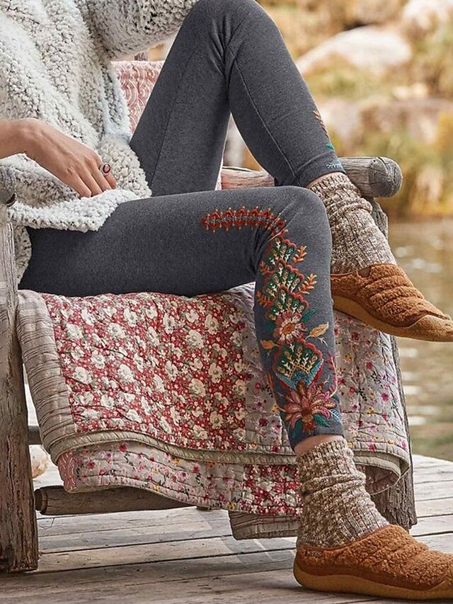  Dame Bukser Anti gnagshorts Gatemote Fritid Full lengde Naturlig Blomsternål i krystall Printer comfy Utendørs Elastisk utendørs Feriereise Gate Grå Høst Normal