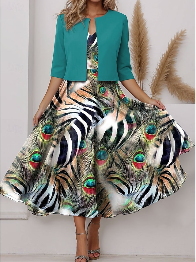  Damen Kleid-Set A Linie Kleid Sommerkleid Party Halbformelle Kleider Blumen Grafik Druck Midikleid Halbarm V Ausschnitt Party Hochzeitsgast Schwarz Blau Purpur Sommer Frühling Normale Passform