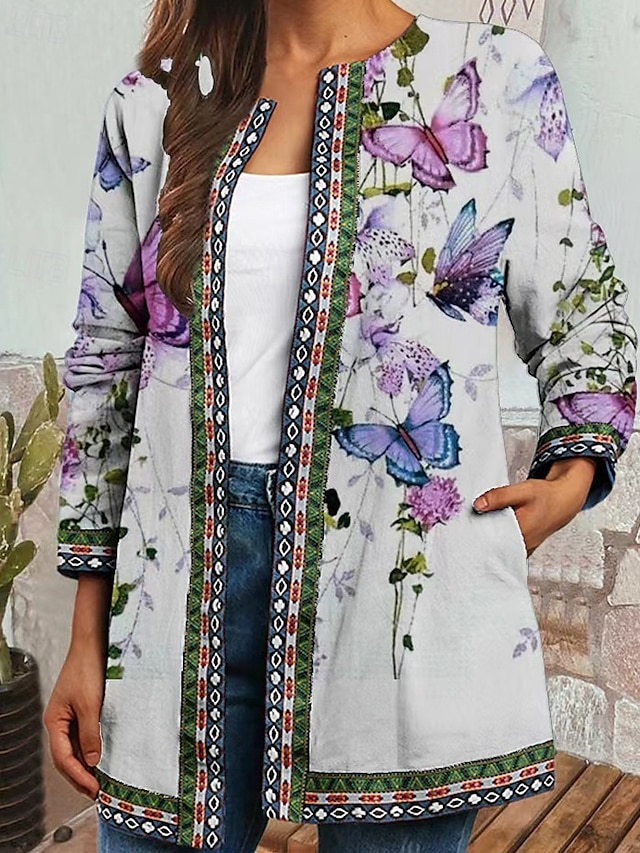  Damen Freizeitjacke Warm Bequem Tasche Mode Modern Blumen Straße Ausgehen Regulär Kragenlos Normale Passform Langarm Oberbekleidung Rote Purpur Orange Herbst Winter