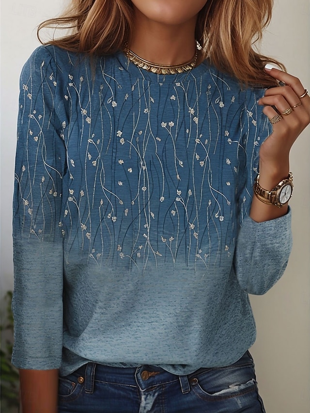  Damen T-Shirt elegant Mode Basic Blumendruck Langarm Normal Oberteile Rundhals Urlaub Wochenende Blau Fuchsia Grau Hellblau Herbst& Winter