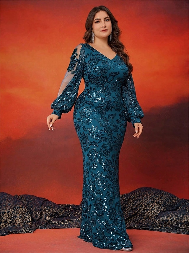  Vestidos de Sereia  Trompete Plus Size Vestido Curvas Elegante Casamento Formal Comprimento do Chão Manga Longa Decote em V Lantejoulas com Lantejoulas