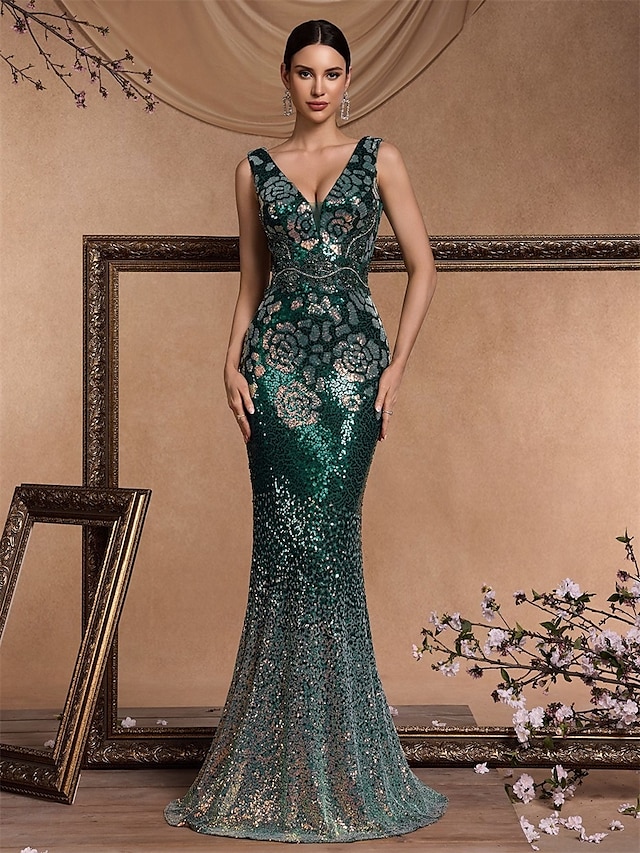  Zeemeermin  Trompet Quinceanera Jurken Elegante Jurk Formele Bruiloft Vloerlange Mouwloos V-hals Sequined Rugloos met Sequins