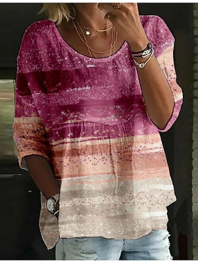  Dames Blouse Gestreept Stijlvol 3/4 mouw Strakke ronde hals Normale tops Dagelijks Feestdagen Afdrukken Zwart Blozend Roze blauw Fuchsia Donkergrijs Zomer