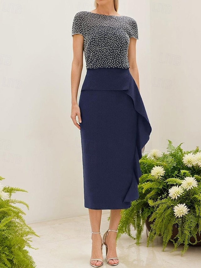  Meerjungfrau/Trompete Kleid für die Mutter der Braut, elegante Party, schlichter U-Boot-Ausschnitt, knielang, Midi-Länge, Krepp, kurze Ärmel mit Perlen, Rüschen 2025