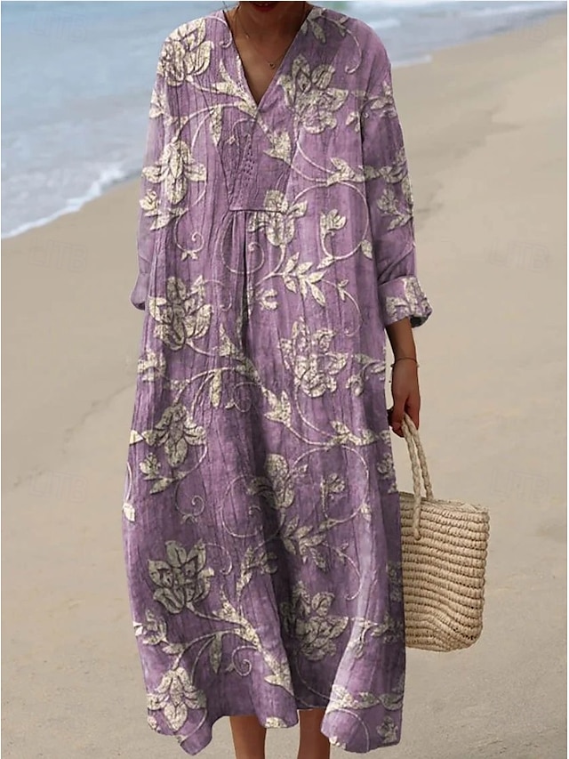  Damen Maxikleid Sommerkleid A Linie Kleid Urlaub Lässig Boho Party Ausgehen Strand Blumen Grafik Langarm V Ausschnitt Graues Grün Rosa Purpur cremefarben Sommer Frühling