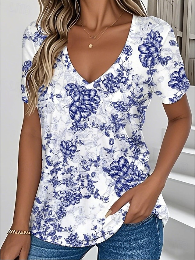  Femmes T-shirt Fleuri Graphique Plantes ancien Mode Hawaïen Manche Courte Col en V Hauts Réguliers Quotidien Sortir Week-end Imprimé Bleu Été Printemps