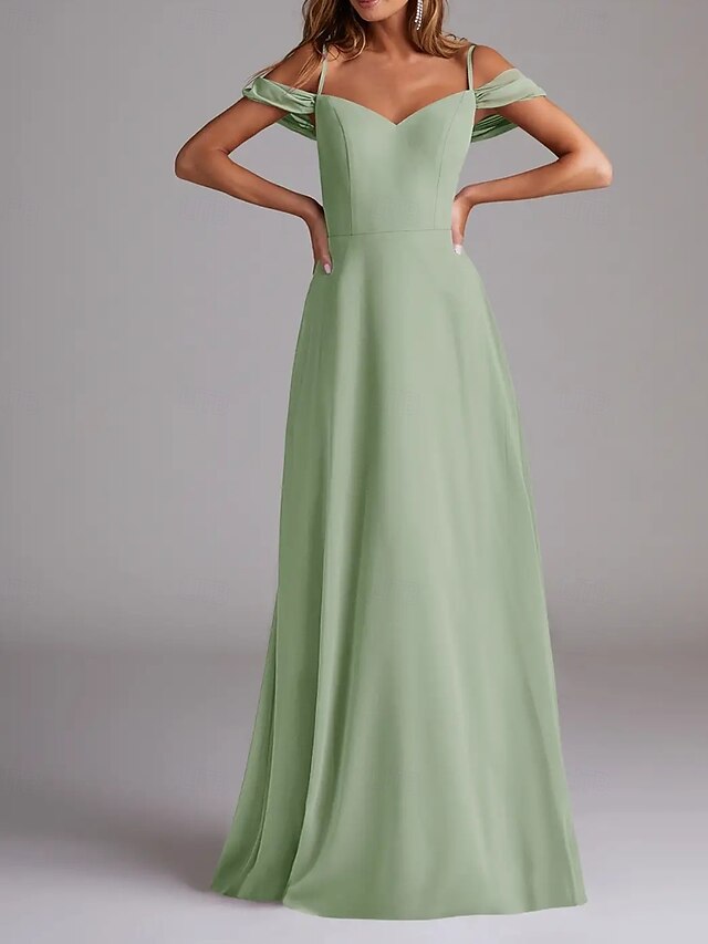  Vestido de Madrinha A-Line Alça Fina Manga Curta Elegante Comprimento Total Chiffon com Cor Sólida 2025