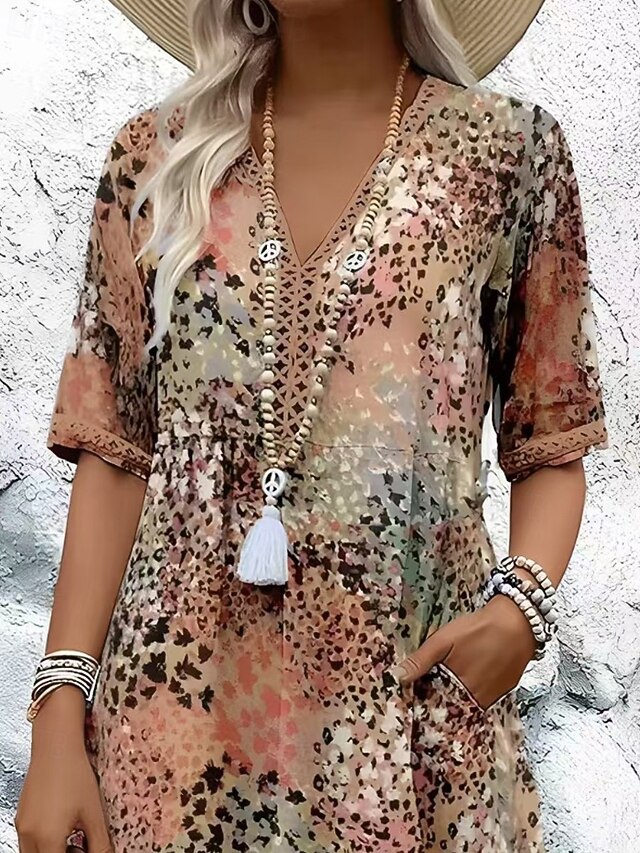 Women's Midi Dress Floral Dress Print Dress Classic Modern Outdoor Vacation Going out Regular Fit Flower Short Sleeve V Neck Blue Khaki Rose Red Summer4