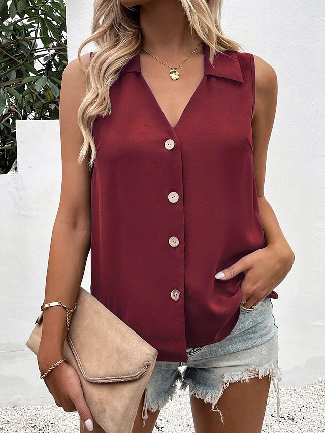  Γυναικεία Καμισόλ Tank Top Συμπαγές Χρώμα Καθημερινά Στυλάτο Καθημερινό Αμάνικο Κολάρο Πουκαμίσου Κανονικά μπλουζάκια Καθημερινά Κουμπιά Μαύρο Λευκό Κρασί Θαλασσί Πράσινο του τριφυλλιού Καλοκαίρι