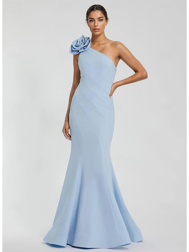  Abito da sera a sirena/tromba, elegante, formale, da ospite di nozze, senza maniche, lungo fino al pavimento, monospalla, in crêpe elasticizzata con pieghe, 2025
