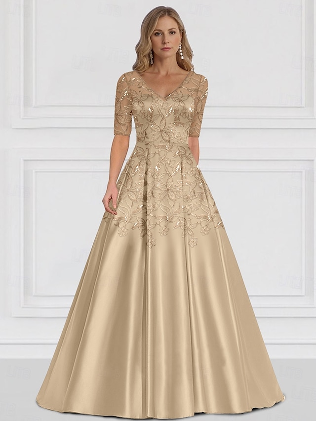  Vestido A-Line para la madre de la novia invitada de boda elegante simple cuello en V largo hasta el suelo satén manga corta con encaje