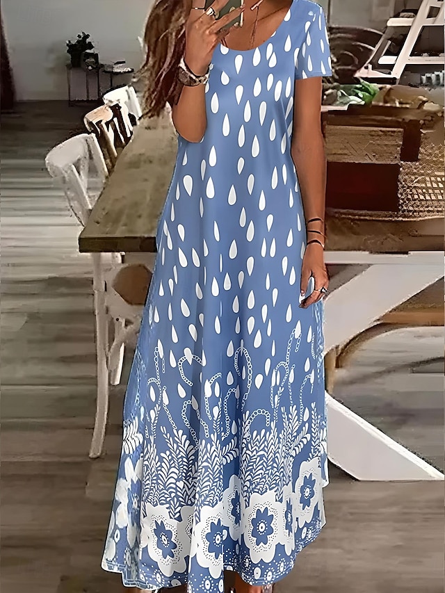  Damen Maxikleid Sommerkleid A Linie Kleid Urlaub Lässig Strand Standard Passform Blumen Grafik Kurzarm V Ausschnitt Hellblau-Weiß Sommer Frühling