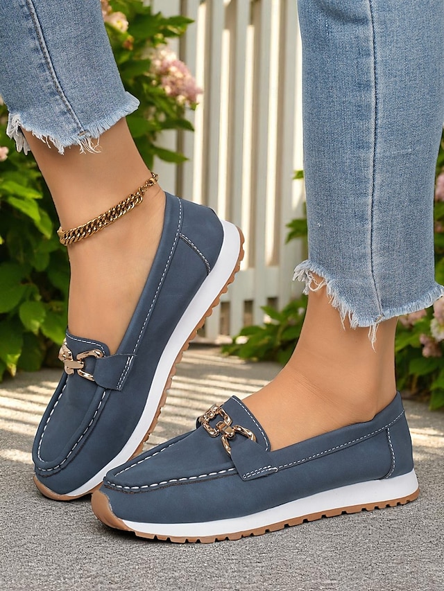  Women's Loafers with Gold Buckle – Casual Slip-On Flat Shoes for Garden Walks, Brunch & Everyday Errands