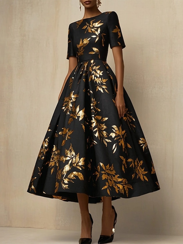  Abiti da cocktail A-line bianchi e in oro abito elegante formale per matrimoni lunghezza tè maniche corte scollo barca satin con stampa