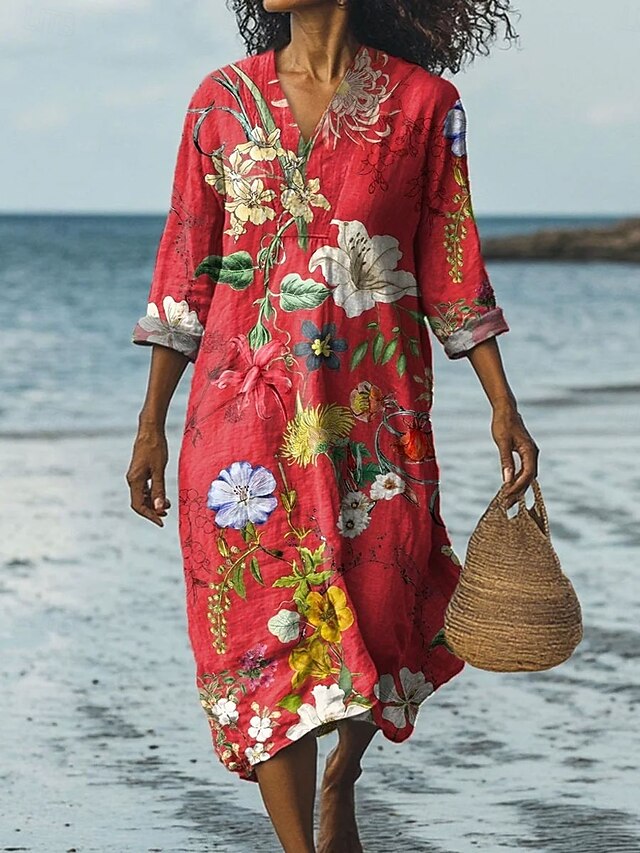 Women's Midi Dress V Neck Long Sleeve Kaftan Lightweight Loose Fit A Line Dress Casual Going out Floral Graphic Long Sleeve V Neck Red Blue Green4