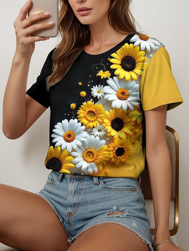  Femmes T-shirt Fleuri Graphique Plantes ancien Élégant Classique Manche Courte Col ras du cou Col rond Hauts Réguliers Quotidien Imprimé Noir et blanc Jaune Bleu Violet Fuchsia Été Printemps