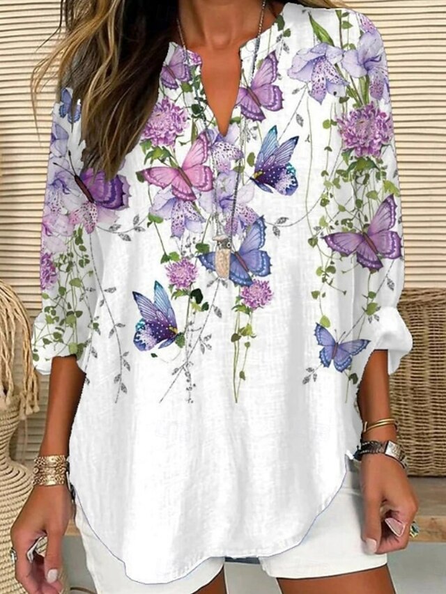 Women's Shirt Animal Butterfly Stylish Modern Long Sleeve V Neck Regular Tops Daily Holiday Buttons Print White Gray Summer4