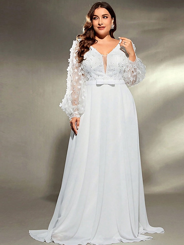  A-Line Evening Gown Elegant Dress Formal Wedding Sweep / Brush Train Long Sleeve V Neck Chiffon with Pleats