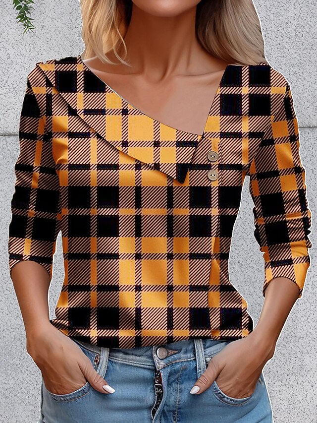 Women's T Shirt Graphic Plaid Vintage Stylish Basic Asymmetric Neck Regular Tops Daily Going out Weekend Buttons Yellow Blue Orange Summer Spring Fall4