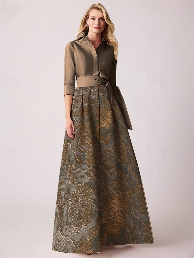  Jacquard Brocade Floral A-Line Cocktail Dresses Elegant Dress Formal Wedding Floor Length Long Sleeve Shirt Collar Detachable Nylon