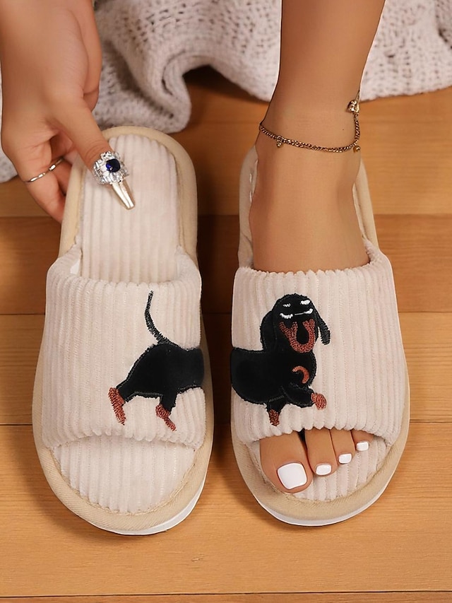  Papuci de casă pentru femei, din pluș, cu broderie de câini, sandale confortabile din catifea reiată, perfecți pentru relaxare și lenevire acasă